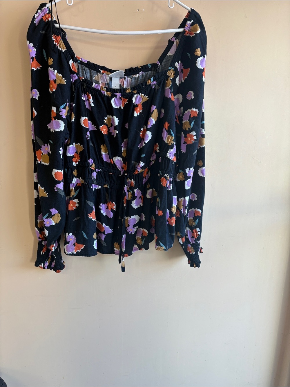 Ava & Viv Black Floral Peasant Blouse with Orange and Lavender Accents